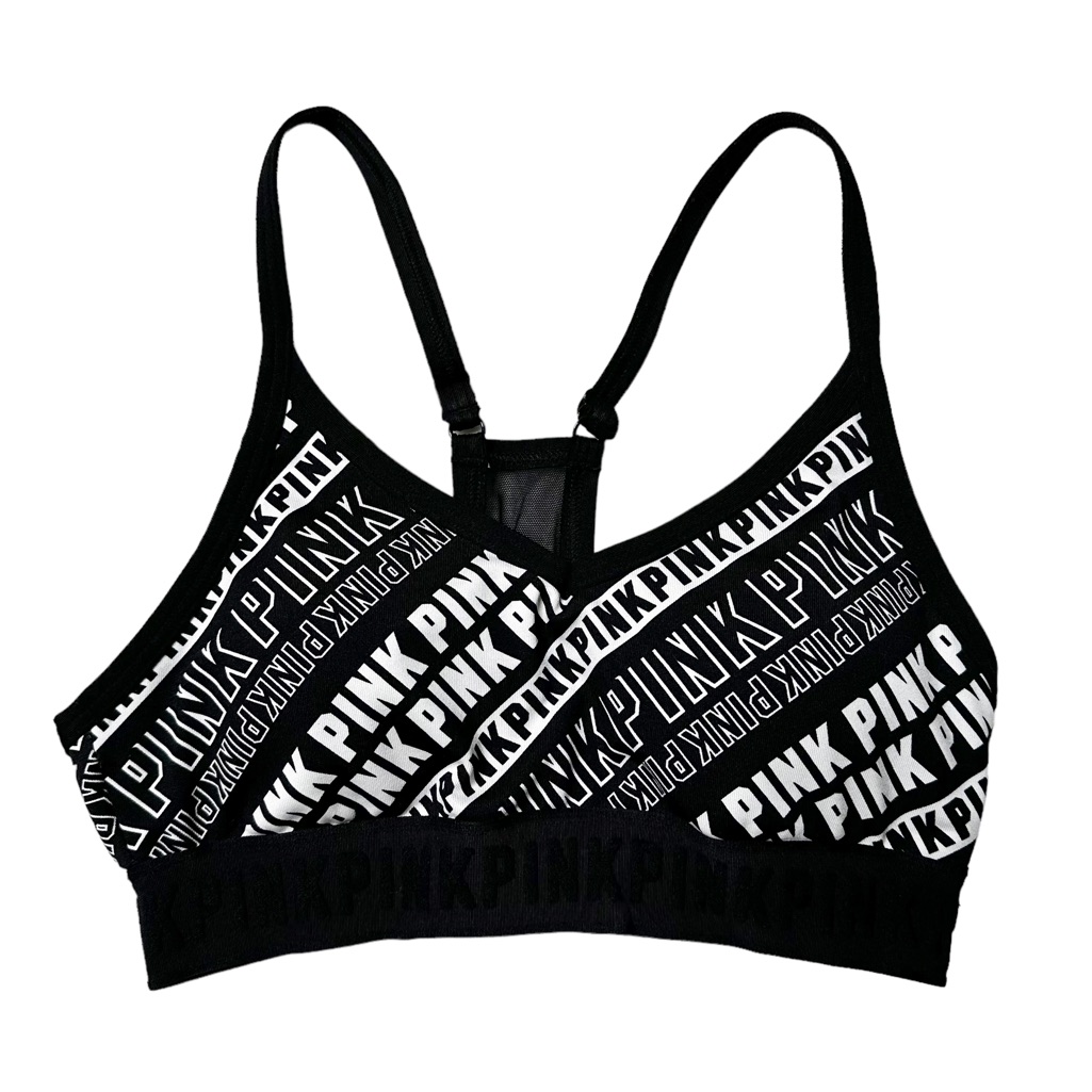 Pink Vs Ultimate Logo Print Racerback Lightly Lined Sports Bra Black Women’s Xs